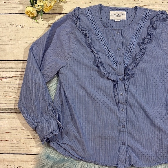 The Shirt Rochelle Behrens Stripe Ruffle Trim Button Front Blouse - Picture 7 of 9